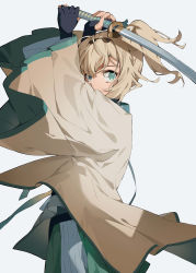 Rule 34 | 1girl, arms up, black gloves, blonde hair, fingerless gloves, from side, gloves, green eyes, green skirt, hana mori, haori, highres, holding, holding sword, holding weapon, hololive, japanese clothes, katana, kazama iroha, long sleeves, looking at viewer, looking to the side, ponytail, short hair, simple background, skirt, solo, sword, virtual youtuber, weapon, white background, wide sleeves