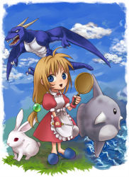 Rule 34 | 1girl, animal, apron, blonde hair, blue eyes, breasts, rabbit, cloud, dragon, dress, fish, frills, frying pan, grass, ladle, lilith aileron, long hair, open mouth, saintpaulia, tales of (series), tales of destiny, water