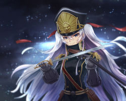 Rule 34 | 1girl, altair (re:creators), black jacket, blue eyes, cp mizu, floating hair, hair between eyes, hair ribbon, hat, highres, holding, holding sword, holding weapon, instrument, jacket, long hair, military, military hat, military uniform, music, night, outdoors, playing instrument, re:creators, red ribbon, ribbon, silver hair, smile, solo, sword, twintails, uniform, upper body, very long hair, weapon
