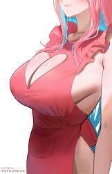 Rule 34 | 1girl, absurdres, bare arms, blush, breasts, cleavage, cleavage cutout, closed mouth, clothing cutout, collarbone, frills, head out of frame, heart cutout, highres, large breasts, long hair, original, patreon username, pink hair, reika (tofuubear), simple background, solo, tofuubear, white background