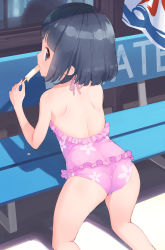 Rule 34 | 1girl, ass, bare back, bare shoulders, bench, black hair, blue eyes, casual one-piece swimsuit, eating, floral print, food, from behind, highres, ice cream, kneeling, kneepits, looking back, makigai, one-piece swimsuit, original, outdoors, pink swimsuit, popsicle, print swimsuit, short hair, solo, swimsuit, swimwear, thighs