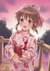 Rule 34 | 1girl, :d, backlighting, blush, bow, brown hair, candy, commentary request, cowboy shot, floral print, food, fruit, hair bow, high ponytail, holding, holding candy, holding food, hori yuko, idolmaster, idolmaster cinderella girls, idolmaster cinderella girls starlight stage, japanese clothes, kimono, long hair, looking at viewer, obi, open mouth, outdoors, pink bow, pink kimono, ponytail, print kimono, red eyes, sash, signature, sky, smile, solo, strawberry, tree, tyuga, wide sleeves, yukata