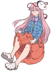 Rule 34 | 1girl, blue shirt, bow, bowtie, bubble skirt, clothes lift, crocs, expressionless, full body, hata no kokoro, long hair, long sleeves, mefomefo, noh mask, pink bow, pink bowtie, pink eyes, pink hair, plaid, plaid shirt, shirt, sitting, skirt, skirt lift, solo, touhou
