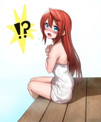Rule 34 | !?, 1girl, arian rod, bad id, bad twitter id, blue eyes, blush, covering privates, covering breasts, erubo, jpeg artifacts, long hair, looking at viewer, naked towel, open mouth, original, red hair, sitting, solo, surprised, towel