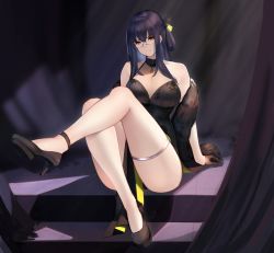 Rule 34 | 1girl, ankle strap, backlighting, bare shoulders, black dress, black hair, blue footwear, blush, breasts, cleavage, closed mouth, clothes between thighs, crossed legs, curtains, dress, glasses, gloves, half updo, hayabusa (vert 320), high heels, highres, jewelry, large breasts, legs, long hair, mole, mole under eye, original, pelvic curtain, pendant, pumps, sitting, solo, thighlet, thighs, yellow eyes