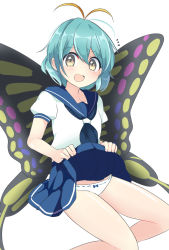 Rule 34 | 1girl, alternate costume, antennae, aqua hair, bare legs, blue eyes, blue neckerchief, blue sailor collar, blue skirt, butterfly wings, clothes lift, eternity larva, fairy, feet out of frame, hair between eyes, highres, insect wings, lifting own clothes, neckerchief, open mouth, ougi hina, panties, pleated skirt, puffy short sleeves, puffy sleeves, sailor collar, school uniform, serafuku, short hair, short sleeves, simple background, skirt, skirt lift, smile, solo, touhou, underwear, white background, white panties, wings, yellow eyes