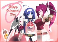 Rule 34 | 4girls, ahoge, artist request, blue eyes, blue hair, blush, breasts, brown hair, camisole, candy, chocolate, chocolate heart, ecole, food, french-bread, gift, gloves, hairband, happy valentine, heart, hood, hoodie, large breasts, linne, long hair, looking at viewer, midriff, multiple girls, official art, one eye closed, orie ballardiae harada, outstretched arms, pants, purple hair, red eyes, signature, twintails, unbuttoned, under night in-birth, valentine, vatista, white gloves, wink, yuzuriha (under night in-birth)