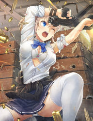 Rule 34 | 1girl, bandaged arm, bandages, beretta m12, blonde girl (itou), blonde hair, blood, blue bow, blue bowtie, blue eyes, bow, bowtie, bra, breasts, bullet hole, casing ejection, clothes around waist, debris, finger on trigger, firing, gun, gun sling, highres, holding, holding weapon, injury, itou (onsoku tassha), jewelry, large breasts, long sleeves, magazine (weapon), one eye closed, open clothes, open mouth, open shirt, original, panties, pantyshot, pleated skirt, redrawn, revision, shell casing, shirt, shoes, short hair, skirt, solo, sparks, squatting, submachine gun, sweater, sweater around waist, thighhighs, torn clothes, torn sleeves, underwear, upper, v-shaped eyebrows, weapon, white bra, white panties, white shirt, white thighhighs, zettai ryouiki