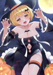 Rule 34 | 1girl, absurdres, bandages, bat hair ornament, black dress, black headwear, black nails, black sky, blonde hair, breasts, claw pose, cleavage, clothing cutout, dress, full moon, hair ornament, halloween, hat, highres, hololive, jack-o&#039;-lantern, large breasts, looking at viewer, medium hair, mira bluesky3, moon, nail polish, navel, navel cutout, night, night sky, open mouth, sky, smile, star (sky), starry sky, thigh strap, virtual youtuber, witch hat, yellow eyes, yozora mel