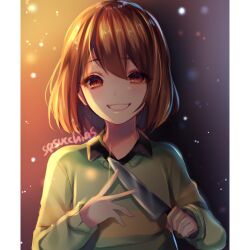 Rule 34 | 1girl, artist name, black background, blush, brown hair, chara (undertale), collared shirt, genderswap, genderswap (otf), gradient background, gradient eyes, green sweater, grin, hair between eyes, holding, holding knife, knife, light, long sleeves, looking at viewer, multicolored eyes, orange background, orange eyes, purple eyes, sasucchi95, shirt, short hair, smile, solo, striped clothes, striped sweater, sweater, undertale, upper body, yellow background, yellow sweater