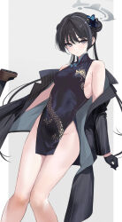 Rule 34 | 1girl, bare shoulders, black gloves, black hair, blazer, blue archive, breasts, china dress, chinese clothes, double bun, dragon print, dress, gloves, groin, hair bun, hair ornament, halo, highres, jacket, kisaki (blue archive), long hair, looking at viewer, medium breasts, mexif, off shoulder, purple eyes, solo, twintails