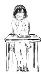 Rule 34 | 1girl, absurdres, bomhat, commentary, desk, eraser, freckles, full body, greyscale, hand on own chin, highres, kneehighs, long sleeves, looking at viewer, monochrome, notebook, original, pencil, school desk, school uniform, shoes, short hair, simple background, sitting, skirt, socks, solo, sweater