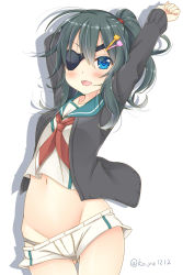Rule 34 | 10s, 1girl, adapted costume, ahoge, alternate hairstyle, arm up, ass, blue eyes, blush, collarbone, cowboy shot, eyepatch, gluteal fold, green hair, groin, hair ornament, hairclip, headgear, kantai collection, kiso (kancolle), ko yu, long hair, long sleeves, looking at viewer, micro shorts, midriff, navel, neckerchief, no headwear, no headwear, open mouth, panties, ponytail, sailor collar, school uniform, serafuku, shorts, simple background, smile, solo, stretching, sweater, thigh gap, thighs, twitter username, underwear, white background