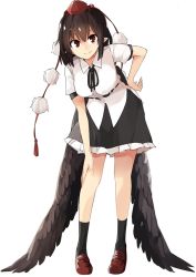 Rule 34 | 1girl, black hair, black legwear, black ribbon, black skirt, black wings, breasts, brown footwear, commentary request, feathered wings, full body, hair between eyes, hand on own hip, hat, kamukamu (ars), leaning forward, loafers, looking at viewer, medium breasts, neck ribbon, petticoat, pointy ears, pom pom (clothes), puffy short sleeves, puffy sleeves, red eyes, ribbon, shameimaru aya, shirt, shoes, short sleeves, simple background, skirt, smile, solo, standing, tassel, thighs, tokin hat, touhou, white background, white shirt, wing collar, wings