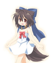 Rule 34 | 1girl, animal ears, aruha, borrowed character, collar, dog ears, dog tail, dress, fang, flat chest, kannagi cocoa, looking at viewer, original, ribbon, short dress, simple background, smile, solo, tail, white background, yuuhi alpha