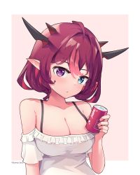 Rule 34 | 1girl, absurdres, alternate hair length, alternate hairstyle, artist name, bare shoulders, black nails, blouse, blue eyes, breasts, can, cleavage, drink can, frilled shirt, frills, hair between eyes, head tilt, heterochromia, highres, holding, holding can, hololive, hololive english, horns, irys (hololive), looking at viewer, medium breasts, multicolored hair, multiple horns, nail polish, namiorii, off-shoulder shirt, off shoulder, pink hair, pointy ears, purple eyes, purple hair, shirt, short hair, simple background, soda can, solo, streaked hair, virtual youtuber, white background, white shirt
