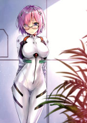 Rule 34 | 1girl, absurdres, alternate costume, arms behind back, ayanami rei, ayanami rei (cosplay), black-framed eyewear, blurry, blurry foreground, blush, bodysuit, breasts, closed mouth, cosplay, depth of field, embarrassed, eyes visible through hair, fate/grand order, fate (series), female focus, glasses, hair over one eye, hairpods, highres, impossible clothes, indoors, interface headset, koyuki (kotatsu358), large breasts, looking at viewer, mash kyrielight, neck, neon genesis evangelion, pilot suit, pink hair, plant, plugsuit, purple eyes, scan, see-through silhouette, shade, short hair, shy, skin tight, solo, standing, turtleneck, type-moon, white bodysuit