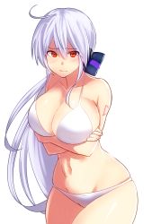 Rule 34 | 1girl, alternate costume, asanome, bare arms, bare legs, bikini, blush, breast hold, breasts, cleavage, curvy, embarrassed, female focus, hair between eyes, hair ribbon, large breasts, long hair, looking at viewer, navel, ponytail, red eyes, ribbon, silver hair, simple background, solo, swimsuit, tears, thick thighs, thighs, very long hair, vocaloid, wavy mouth, white bikini, wide hips, yowane haku