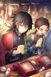 Rule 34 | 2boys, :d, bad id, bad pixiv id, belt, belt buckle, black hair, black jacket, blush, brown eyes, brown hair, buckle, character name, chopsticks, closed mouth, commentary request, earrings, food, hair between eyes, happy birthday, holding, holding chopsticks, jacket, jewelry, kamado tanjirou, kimetsu no yaiba, light bulb, long hair, long sleeves, looking at viewer, low ponytail, male focus, multiple boys, open clothes, open mouth, own hands together, palms together, ponytail, purple eyes, scar, scar on face, scar on forehead, sitting, smile, sparkle, tomioka giyuu, white belt, wide sleeves, yunohito