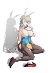 Rule 34 | 1girl, :p, absurdres, animal ears, aqua bow, aqua bowtie, aqua eyes, aqua leotard, asuna (blue archive), asuna (bunny) (blue archive), azur lane, baige0, bare shoulders, between legs, bird, blonde hair, blue archive, bow, bowtie, breasts, breasts out, chick, chinese commentary, cleavage, collarbone, colored shoe interior, commentary request, covered navel, detached collar, eyes visible through hair, fake animal ears, full body, gloves, headband, high heels, highleg, highleg leotard, highres, leotard, licking, licking finger, long hair, looking at viewer, manjuu (azur lane), nipples, official alternate costume, pantyhose, parted bangs, playboy bunny, rabbit ears, resting, seiza, shadow, shoe dangle, shoes, unworn shoes, sideboob, simple background, sitting, solo, strapless, strapless leotard, thighs, tongue, tongue out, torn clothes, torn pantyhose, traditional bowtie, white background, white gloves, white headband