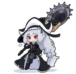 Rule 34 | 1girl, arknights, black dress, black footwear, black headwear, black pantyhose, blush, boots, braid, chainsaw, circular saw, closed mouth, dress, full body, knee boots, kurotofu, leg up, long hair, long sleeves, looking at viewer, pantyhose, red eyes, saw, single braid, smile, solo, specter (arknights), specter the unchained (arknights), very long hair