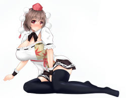 Rule 34 | 1girl, alternative facts in eastern utopia, bad id, bad pixiv id, black thighhighs, blush, breasts, brown hair, cleavage, full body, hat, hydrant (kasozama), large breasts, legs, light smile, long legs, red eyes, shameimaru aya, short hair, simple background, skirt, solo, sweatdrop, thighhighs, thighs, tokin hat, touhou, white background
