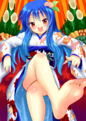 Rule 34 | 1girl, :d, barefoot, blue hair, blush, feet, female focus, foot focus, hinanawi tenshi, japanese clothes, kadomatsu, kimono, crossed legs, long hair, looking at viewer, open mouth, perspective, pointing, pointing at viewer, raised eyebrows, ribbon, saki chisuzu, sitting, sketch, smile, soles, solo, toes, touhou