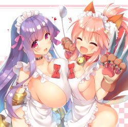 Rule 34 | 10s, 2girls, :d, ^ ^, animal ears, animal hands, apron, ass, asymmetrical docking, bell, belt, between fingers, blunt bangs, blush, breast press, breasts, choker, closed eyes, collar, dress, fang, fate/extra, fate/extra ccc, fate/grand order, fate (series), fox ears, fox tail, gloves, hair ribbon, happy, heart, holding, holding knife, huge breasts, jingle bell, knife, knives between fingers, ladle, long hair, looking at viewer, maid headdress, medium breasts, multiple girls, naked apron, neck bell, open mouth, passionlip (fate), paw gloves, pink hair, pink ribbon, purple dress, red eyes, ribbon, sazaki ichiri, smile, tail, tamamo (fate), tamamo cat (fate), tamamo cat (third ascension) (fate), tamamo no mae (fate/extra), very long hair
