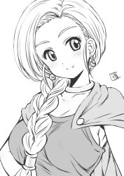 Rule 34 | 1girl, bianca (dq5), blush, braid, breasts, cape, choker, collarbone, dragon quest, dragon quest v, earrings, hair over shoulder, highres, jewelry, kamogawa tanuki, large breasts, monochrome, signature, simple background, single braid, smile, solo, upper body, white background
