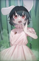 Rule 34 | 1girl, :d, absurdres, animal ears, bamboo, bamboo forest, black hair, commentary request, cowboy shot, dress, fang, forest, frills, hand up, highres, inaba tewi, looking at viewer, nasu1225, nature, night, open mouth, pink dress, pink eyes, rabbit ears, short hair, smile, solo, touhou