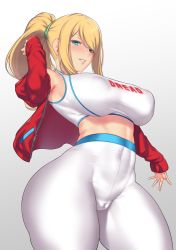 Rule 34 | 1girl, aster crowley, bare shoulders, blonde hair, blue eyes, blush, breasts, cameltoe, covered navel, high-waist pants, highres, jacket, large breasts, long hair, long sleeves, looking at viewer, metroid, metroid dread, midriff, nintendo, open clothes, open jacket, pants, ponytail, red jacket, samus aran, sports bra, super smash bros., swept bangs, thighs, tight clothes, tight pants, white sports bra, yoga pants
