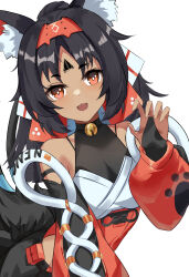 Rule 34 | 1girl, absurdres, animal ears, bare shoulders, bell, black hair, breasts, cat ears, czk, dark-skinned female, dark skin, facial mark, forehead mark, hairband, headband, highres, jingle bell, long hair, looking at viewer, neck bell, nekomiya mana, open mouth, parted bangs, simple background, small breasts, smile, solo, white background, zenless zone zero