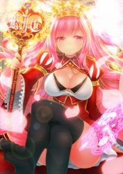 Rule 34 | 1girl, absurdres, breasts, cleavage, crossed legs, crown, feet, highres, katoma, large breasts, long hair, magic circle, no shoes, pink eyes, pink hair, rasis, smile, solo, sound voltex, sound voltex ii infinite infection, thighhighs, toes, wide sleeves