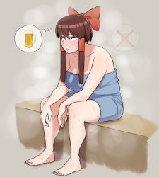 Rule 34 | 1girl, alcohol, alternate eye color, bad id, bad twitter id, barefoot, beer, beer mug, black eyes, blush, bow, breasts, brown hair, closed mouth, commentary, cookie (touhou), cup, full body, hair bow, hair tubes, hakurei reimu, highres, hot, large breasts, looking afar, mug, naked towel, ohasi, plump, red bow, reu (cookie), sauna, short hair with long locks, sidelocks, sitting, solo, sweat, thinking, touhou, towel