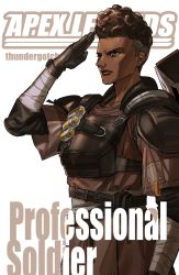 Rule 34 | 1girl, animification, apex legends, armor, bangalore (apex legends), black gloves, bleach, breastplate, brown eyes, brown hair, brown jacket, cover, cover page, dark-skinned female, dark skin, fake cover, gloves, highres, jacket, logo parody, manga cover, salute, short hair, shoulder pads, solo, thundergotch, undercut, white background