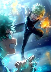 Rule 34 | 2boys, absurdres, bakugou katsuki, battle, bikkusama, black pants, black shirt, blonde hair, boku no hero academia, clenched teeth, commentary request, electricity, explosion, fighting stance, freckles, full body, green eyes, green hair, highres, leg up, looking at another, male focus, midoriya izuku, multiple boys, night, open hands, open mouth, outdoors, pants, portrait, red eyes, shirt, shoes, short hair, sleeveless, sleeveless shirt, spiked hair, teeth