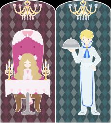 Rule 34 | 1boy, 1girl, aged down, apron, argyle, argyle background, argyle clothes, arm at side, blonde hair, blouse, blue background, blue eyes, blue neckerchief, border, buttons, caitlin (pokemon), candelabra, candle, candlestand, chandelier, chef, closed eyes, commentary request, creatures (company), double-breasted, elite four, foxrain1223, game freak, hair ribbon, heart, holding, holding tray, long hair, looking to the side, neckerchief, nintendo, pants, parted lips, partial commentary, pink background, pink footwear, pink ribbon, pink shirt, pokemon, pokemon dppt, pokemon platinum, pokemon xy, ribbon, sanpaku, shirt, siebold (pokemon), sitting, standing, table, tray, vector trace, very long hair, white apron, white border, white pants, white uniform