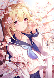 Rule 34 | 1girl, absurdres, blonde hair, blue neckerchief, blue sailor collar, blue skirt, blurry, blurry background, blush, cherry blossoms, copyright request, depth of field, eyes visible through hair, fingernails, flower, hair between eyes, hair flower, hair ornament, hand up, highres, long hair, long sleeves, looking at viewer, midriff, navel, neckerchief, original, overexposure, parted lips, pink flower, pleated skirt, red eyes, sailor collar, school uniform, serafuku, shirt, skirt, solo, standing, triangle mouth, ttopang, upper body, white shirt