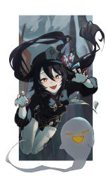 Rule 34 | 1girl, absurdres, bead bracelet, beads, black hair, black headwear, black nails, black shorts, boo tao (genshin impact), bracelet, claw pose, fang, flower, flower-shaped pupils, genshin impact, ghost, hair between eyes, hat, hat flower, highres, hu tao (genshin impact), ikky, jewelry, long hair, looking at viewer, multiple rings, nail polish, open mouth, red eyes, red flower, ring, shorts, sidelocks, symbol-shaped pupils, tassel, twintails, very long hair