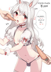 Rule 34 | 3boys, :o, akagi kurage, animal ears, arched back, bar censor, bow, bow panties, breastless clothes, bulge, carrot, censored, choker, collarbone, commentary request, cowboy shot, crop top, embarrassed, erection, erection under clothes, eyelashes, eyes visible through hair, food, frilled choker, frilled panties, frilled ribbon, frilled sleeves, frills, grey panties, hair between eyes, hands up, hard-translated, head out of frame, head tilt, heart, highres, holding, holding food, leaning forward, long hair, looking at viewer, male focus, male hand, midriff, mosaic censoring, multiple boys, navel, nipples, open mouth, panties, parted bangs, penis, penis in panties, phallic symbol, puffy short sleeves, puffy sleeves, rabbit boy, rabbit ears, raised eyebrows, red bow, red eyes, red ribbon, ribbon, ribbon choker, saliva, saliva trail, sexually suggestive, short sleeves, silver hair, simple background, small penis, solo focus, sound effects, spoken heart, standing, stomach, testicles, thick eyebrows, thighhighs, third-party edit, thought bubble, tongue, tongue out, translated, trap, underwear, wavy hair, white background, white legwear, wrist cuffs, yaoi
