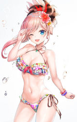 Rule 34 | 1girl, ;d, arm up, bad id, bad pixiv id, bare arms, bare shoulders, bikini, blue eyes, blush, breasts, cleavage, collarbone, commentary request, fate/grand order, fate (series), floral print, flower, frilled bikini, frills, groin, hair flower, hair ornament, highres, jewelry, long hair, lunacle, magatama, magatama necklace, medium breasts, miyamoto musashi (fate), miyamoto musashi (storms and waves) (fate), navel, necklace, one eye closed, open mouth, pink hair, ponytail, print bikini, red flower, side-tie bikini bottom, smile, solo, swimsuit, teeth, upper teeth only, white bikini, yellow flower