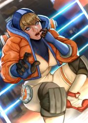 Rule 34 | 1girl, absurdres, apex legends, blonde hair, blue bodysuit, blue eyes, blue gloves, bodysuit, breasts, commentary, electricity, english commentary, gloves, highres, hood, hooded bodysuit, hooded jacket, jacket, knee pads, medium breasts, open hand, open mouth, orange jacket, shoes, sneakers, solo, squatting, surprised, vile (vile jp), wattson (apex legends), white bodysuit, white footwear
