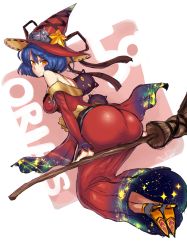Rule 34 | 1girl, absurdres, ass, blue hair, blush, broom, broom riding, cat, closed mouth, dress, from behind, hair between eyes, hat, high heels, highres, ichigai (hayawossan), megido72, orange eyes, orias (megido72), red dress, short hair, sketch, smile, solo, star (symbol), strapless, strapless dress, wide hips, witch hat