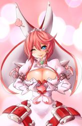 Rule 34 | 1girl, :p, blue eyes, breasts, cleavage, clover, elphelt valentine, evil-dei, four-leaf clover, guilty gear, guilty gear xrd, heart, heart hands, large breasts, long hair, looking at viewer, one eye closed, pink hair, solo, tongue, tongue out, wink