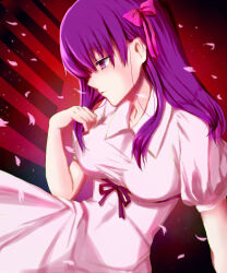 Rule 34 | 1girl, bow, breasts, closed mouth, collared dress, commentary request, dress, eyelashes, eyes visible through hair, falling petals, fate/stay night, fate (series), frown, hair between eyes, hair bow, hair ribbon, hand up, heaven&#039;s feel, highres, large breasts, lips, long hair, looking down, matou sakura, nose, petals, pink bow, pink ribbon, profile, puffy short sleeves, puffy sleeves, purple eyes, purple hair, red background, ribbon, rincha (rinrinrincha), short sleeves, sidelocks, simple background, solo, straight hair, vignetting, white dress