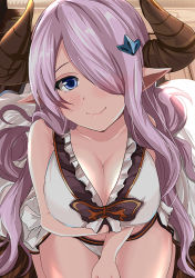 Rule 34 | 10s, 1girl, bad id, bad pixiv id, bare shoulders, bikini, blue eyes, blush, breast hold, breasts, cleavage, closed mouth, collarbone, draph, eyebrows, eyelashes, front-tie bikini top, front-tie top, granblue fantasy, hair between eyes, hair ornament, hair over one eye, hairclip, horns, kanzaki kureha, large breasts, legs together, long hair, looking at viewer, narmaya (granblue fantasy), narmaya (summer) (granblue fantasy), pointy ears, purple hair, smile, solo, swimsuit, very long hair, white bikini