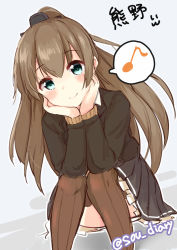 Rule 34 | 1girl, black skirt, blush, brown hair, brown thighhighs, character name, closed mouth, green eyes, hair between eyes, head rest, kantai collection, kumano (kancolle), long hair, looking at viewer, shirt, sitting, skirt, smile, solo, sou (soutennkouchi), thighhighs