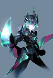 Rule 34 | 1girl, android, blue background, blue eyes, colored skin, commentary, english commentary, fantasy, grey hair, helmet, highres, holding, holding sword, holding weapon, joints, long hair, looking at viewer, low ponytail, me ganchyo, original, robot girl, robot joints, see-through, solo, sword, valkyrie, weapon, white skin