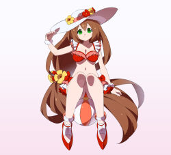 Rule 34 | adjusting clothes, adjusting headwear, ball, beachball, bikini, breasts, brown hair, collarbone, commentary request, flower, frilled bikini, frills, full body, green eyes, hair flower, hair ornament, hat, highres, iris (mega man), joints, kaidou zx, long hair, medium breasts, mega man (series), mega man x (series), mega man x dive, navel, red bikini, robot girl, simple background, sun hat, swimsuit, variant set, very long hair, white background