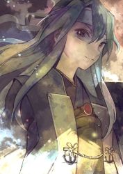 Rule 34 | 1girl, anchor, brown eyes, closed mouth, commentary, commentary request, green hair, grey hair, hachimaki, hair between eyes, hair down, hair over shoulder, headband, japanese clothes, jinbaori, kantai collection, kimono, long hair, long sleeves, looking at viewer, muneate, official alternate costume, smile, solo, sunagimo (sandliver), upper body, v-shaped eyebrows, zuikaku (kancolle), zuikaku kai ni (kancolle)